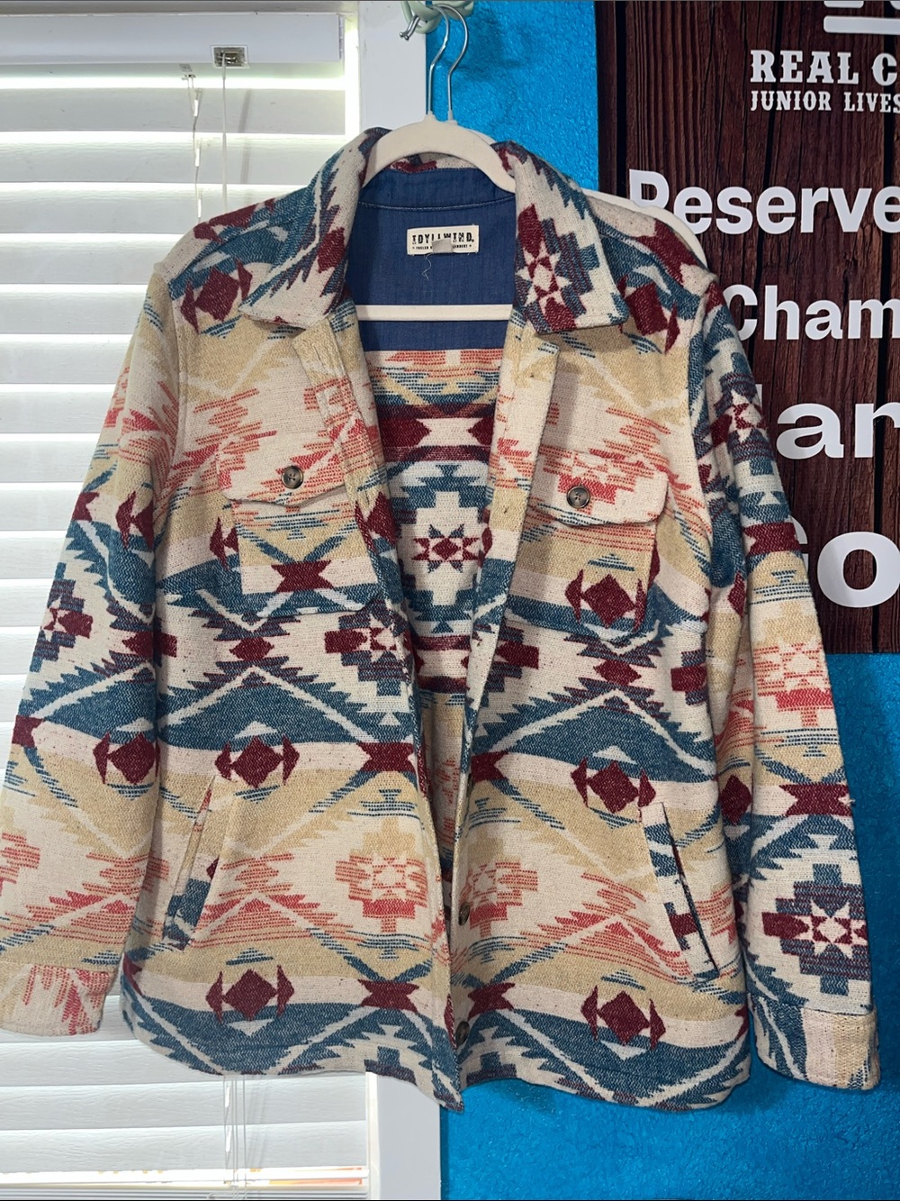 Idyllwind Aztec Print Button-Up Jacket in Cream, Teal & Burgundy